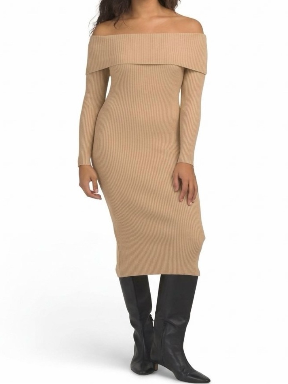 And Now This Long Sleeve Beige Ribbed Midi Dress with Overlay Bodice
